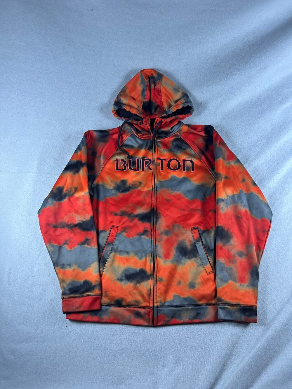Burton Hoodie Men L Orange Gray Raglan Sleeve Tie Dye Fleece Colorful Sweatshirt
